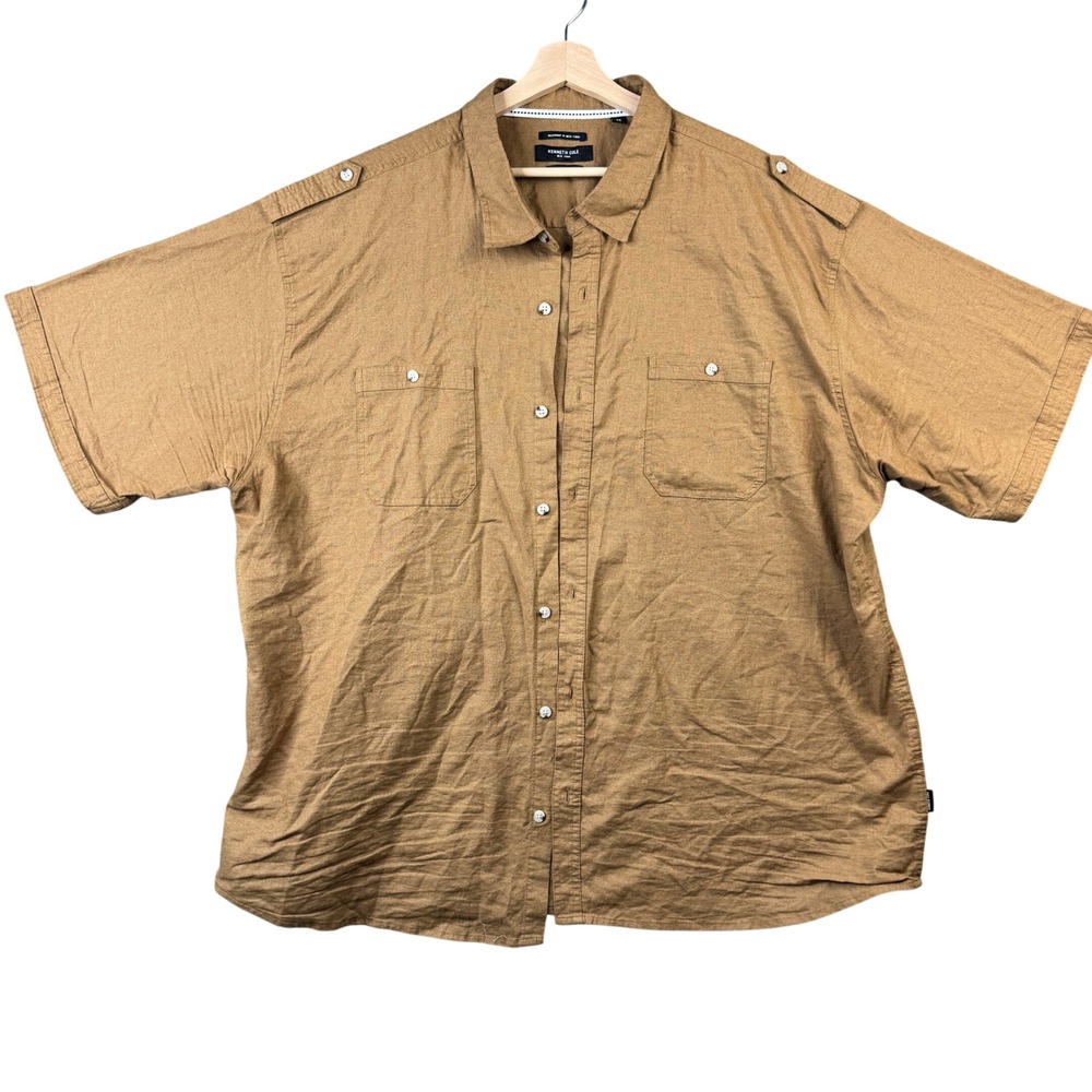 Kenneth Cole Mens 4X Linen Cotton Short Sleeve Button Up Safari Shirt Brown
